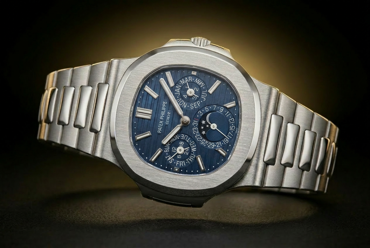 Patek Philippe skeleton wristwatch shot at a dramatic three-quarter angle